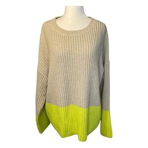 Lush Colorblock Sweater Tan Lime Green Chunky Knit Crewneck Long Sleeve M